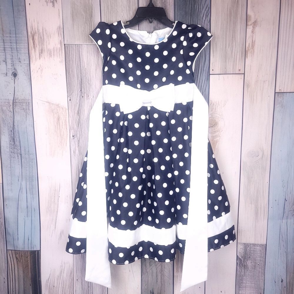 Girl's Navy White Polka Dot Dress Sleeveless Taffeta Back Tie Size 4T